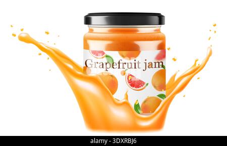 Glass Jar of grapefruit jam in a splash of grapefruit juice isolated on white background. Bottle of citrus jam or juice. Grapefruit extract. drinks an Stock Vector