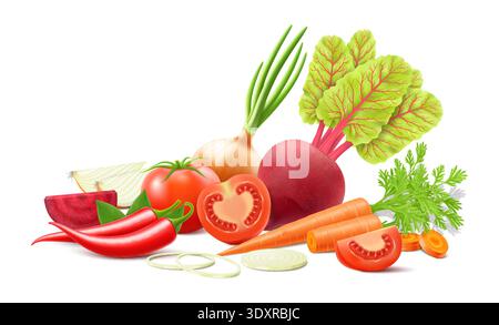 Composition with tomatoes, onions, carrots, beets and peppers isolated on white background. Fresh ripe vegetables in realistic style. 3d vector design Stock Vector