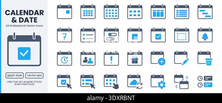 Calendar and schedule glyph icon set for event planning, agenda, time management. Monthly, weekly views, Gantt chart, reminders, notifications, cloud Stock Vector