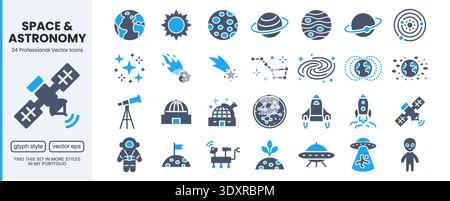 Astronomy glyph icon set. Space planet, Earth, moon, sun, galaxy, rocket astronaut, alien minimal vector pictogram. Flat illustration for science Stock Vector