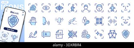 Biometric identification and identity verification icon set with fingerprint, face recognition, iris scan, voice authentication. Security symbols for Stock Vector