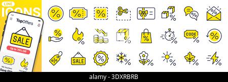 Discount and sale line icon set for e-commerce and retail marketing. Percentage symbols, coupons, promo codes, gift cards, seasonal offer. Price drop Stock Vector