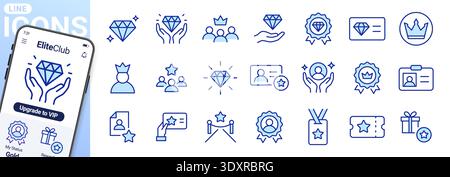 VIP membership and premium rewards icon set with diamonds, crowns, ID cards, stars. Achievement symbols for exclusive status, loyalty program benefits Stock Vector