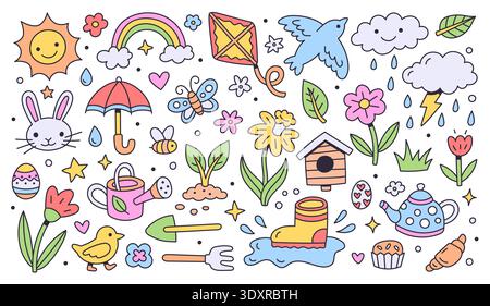 Spring and Easter doodle collection with hand drawn line art garden elements, bunny, flowers, rainbow, sun. Colorful vector icons for gardening Stock Vector