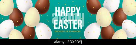 Happy Easter sale banner with realistic eggs and confetti. Spring discount promotion template Stock Vector