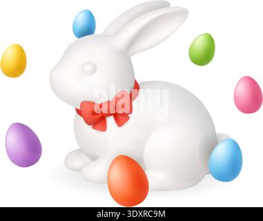 Easter bunny with red bow with colorful eggs. Minimalist 3D spring holiday illustration Stock Vector