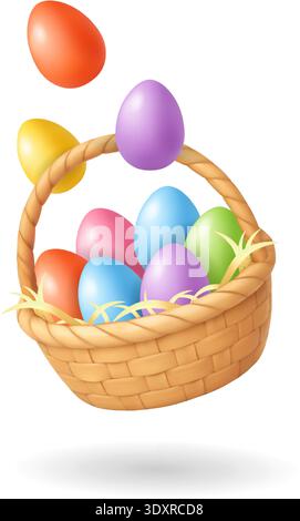 Basket of colorful Easter eggs. 3D realistic Spring holiday celebration illustration Stock Vector