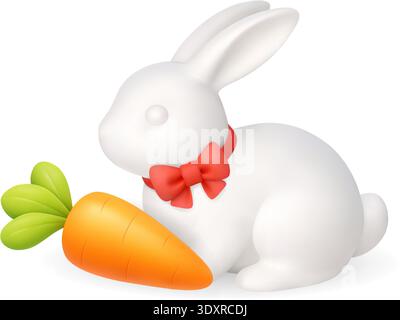 White Easter bunny with carrot. Minimal 3D spring animal illustration on white background Stock Vector