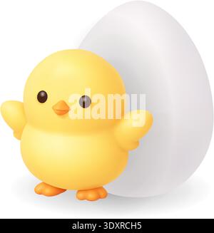 Easter chick with white egg. 3D realistic spring holiday illustration isolated on white background Stock Vector