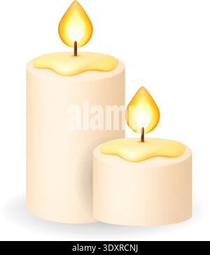 Two lit candles with warm flame. 3D realistic religious illustration Stock Vector