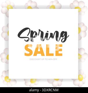 Spring sale template with daisy flower frame. Minimal floral marketing design Stock Vector