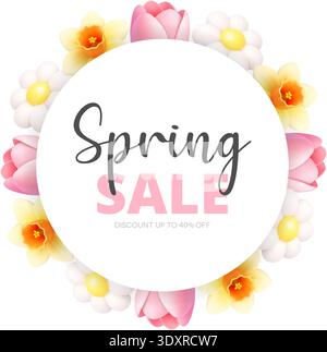Spring sale round floral template with tulips, daisies and daffodils. Seasonal discount promotion design Stock Vector