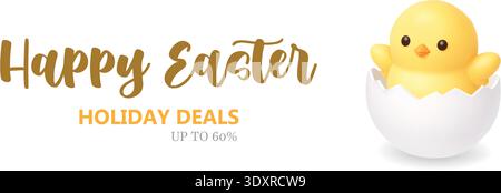 Happy Easter holiday deals banner with cute chick in cracked egg. Spring seasonal promotion template in soft pastel colors Stock Vector