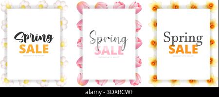 Set of three spring sale templates with floral frames. Seasonal discount promotion banners collection Stock Vector