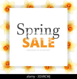 Spring sale template with yellow daffodil flower border. Seasonal marketing layout Stock Vector