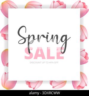 Spring sale template with pink tulip floral border. Seasonal promotion design Stock Vector