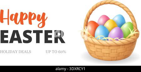 Happy Easter holiday sale banner with wicker basket of colorful eggs. Spring seasonal promotion template design Stock Vector
