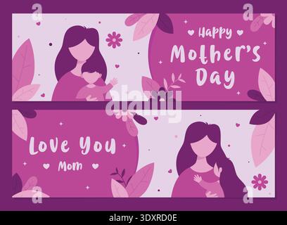 Pink Mother's Day banner set design featuring mother, son, and daughter in flat illustration style. Suitable for promotions, advertisements. Stock Vector