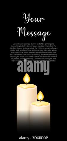 Vertical candle greeting card with copy space. Black background and two burning candles illustration Stock Vector