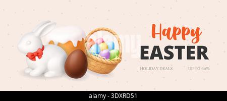 Happy Easter holiday banner with bunny, cake and basket of painted eggs. 3D realistic seasonal sale illustration Stock Vector