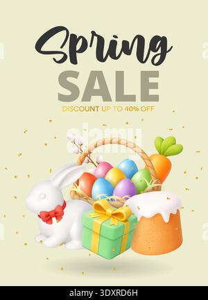 Spring sale Easter banner with bunny, gift box, cake and colorful eggs. 3D realistic holiday discount illustration Stock Vector
