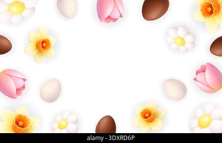 Easter floral background with tulips, daffodils and eggs. 3D realistic spring holiday decorative frame Stock Vector