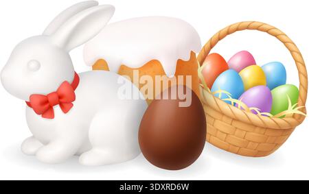 Happy Easter composition with bunny, cake, chocolate egg and basket of colorful eggs. 3D realistic holiday illustration Stock Vector