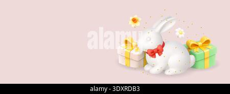 Easter bunny with gift boxes and flowers. 3D realistic spring holiday banner illustration Stock Vector