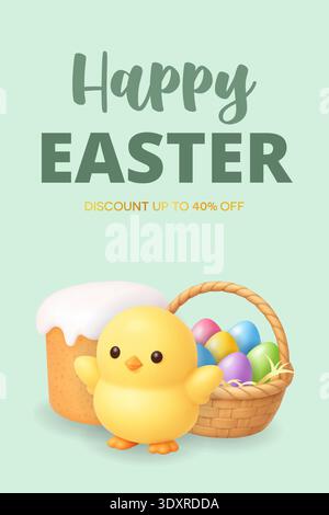 Happy Easter banner with chick, cake and basket of eggs. 3D realistic holiday sale illustration Stock Vector