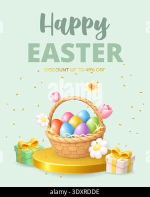 Happy Easter sale banner with basket of colorful eggs, flowers and gift boxes. 3D realistic holiday discount illustration Stock Vector