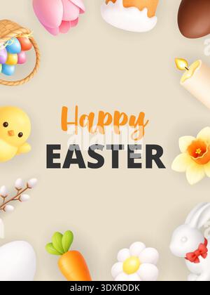 Happy Easter decorative frame with bunny, eggs and spring elements. 3D realistic holiday background Stock Vector