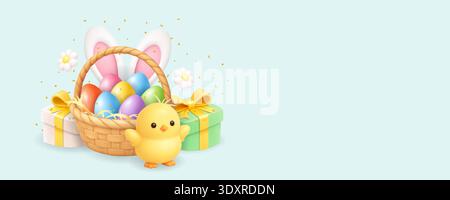 Easter composition with chick, basket of eggs and gift boxes. 3D realistic holiday illustration Stock Vector
