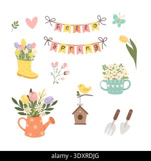 Cute Hello Spring Elements Set Stock Vector