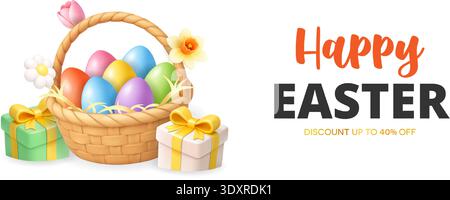 Happy Easter banner with basket of colorful eggs and gift boxes. 3D realistic holiday sale illustration Stock Vector