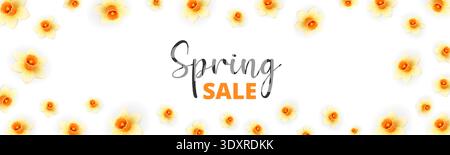 Spring sale banner with daffodil flowers. 3D realistic seasonal promotion illustration Stock Vector