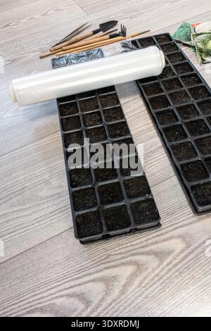 Vertical top view of seedling trays with soil, gardening tools, cabbage seed packets and stretch film roll. Copy space on wooden floor Stock Photo