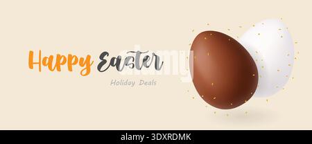Happy Easter holiday banner with chocolate and white eggs. 3D realistic festive illustration Stock Vector