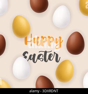 Happy Easter pattern with gold, white and chocolate eggs. 3D realistic spring holiday background Stock Vector