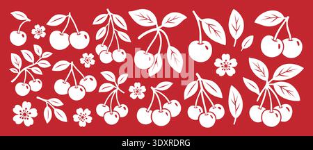 White cherries on red background. Flat vector fruits and flowers illustration for decorative, seasonal and food design themes Stock Vector