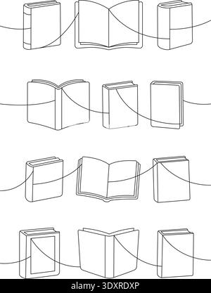 Outlined books in various positions connected by a flowing line. Modern book collection art Stock Vector