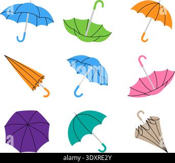 Colorful umbrella set, vector illustration of open and closed umbrellas in different vibrant designs for creative decor and prints Stock Vector