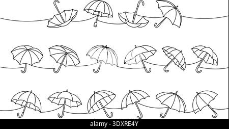 Minimalist linear outline of umbrellas in three rows on wavy lines, abstract black contour illustration of rain accessories Stock Vector