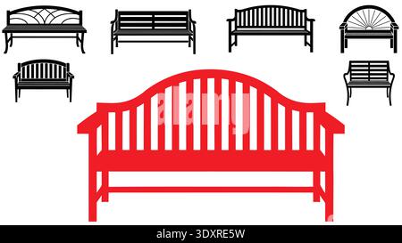 Bench vector silhouette icons set with park garden and outdoor furniture seating designs Stock Vector