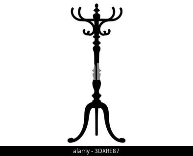 Vintage Standing Coat Rack Silhouette Isolated on White Background Stock Vector