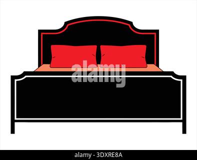 Silhouette of a queen-size double bed with two decorative pillows, Vector illustration isolated on a white background Stock Vector