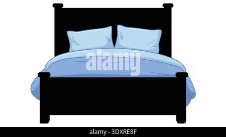 Black silhouette vector illustration of a double bed with pillows and a blanket isolated on a white background Stock Vector