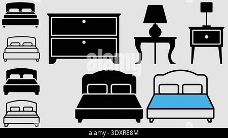 Bedroom Furniture Silhouettes Set with Beds, Dresser, Nightstand and Lamp Stock Vector