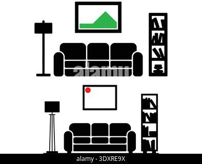 Living Room Furniture Silhouette Set with Sofa, Lamp, and Wall Art Stock Vector