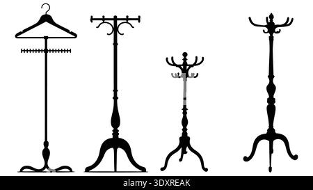 Black Silhouette Vector Set of Coat Stands and Hall Tree Racks Stock Vector