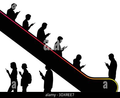 silhouette of people on escalator, silhouette goes up an escalator Stock Vector